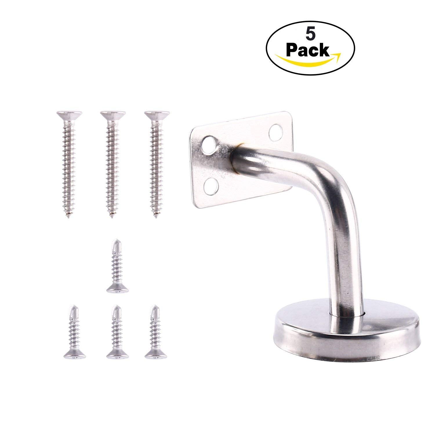 Homend Stainless Steel Wall Mount Stair Handrail Brackets w/Base Flange Cover for Wood or Metal Flat Surface Square Top Railing, Satin Finish, 5-Pack