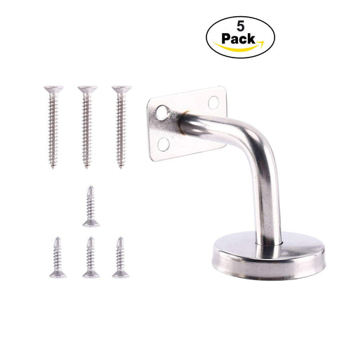 Homend Stainless Steel Wall Mount Stair Handrail Brackets w/Base Flange Cover for Wood or Metal Flat Surface Square Top Railing, Satin Finish, 5-Pack