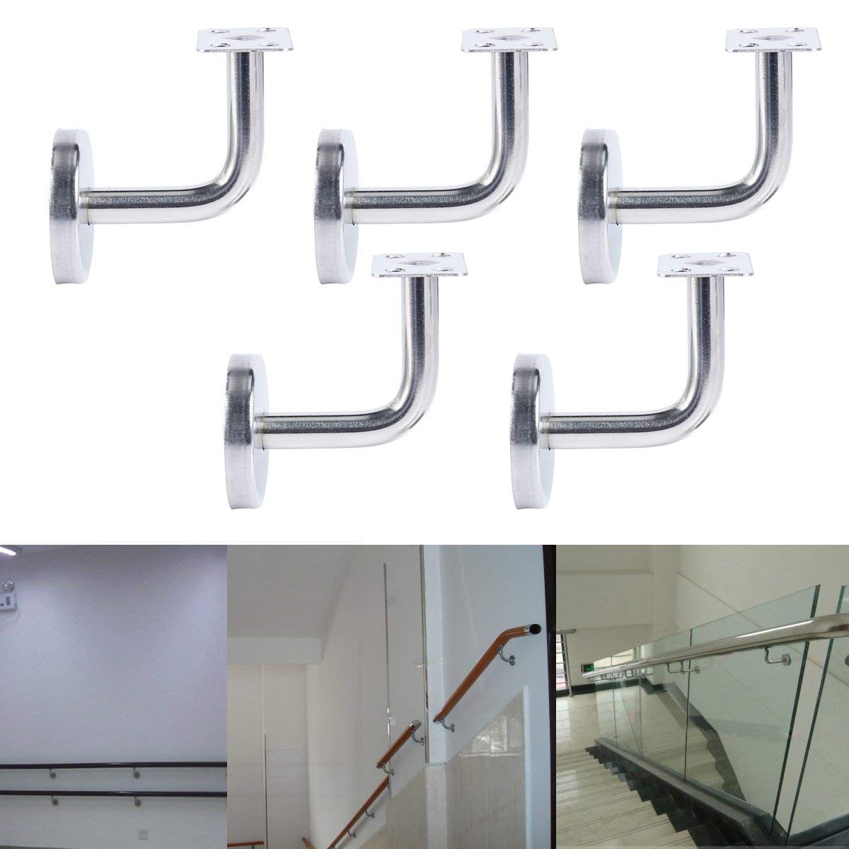 Homend Stainless Steel Wall Mount Stair Handrail Brackets w/Base Flange Cover for Wood or Metal Flat Surface Square Top Railing, Satin Finish, 5-Pack
