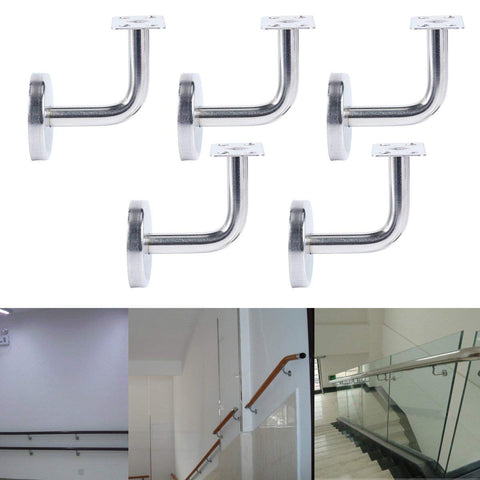 Homend Stainless Steel Wall Mount Stair Handrail Brackets w/Base Flange Cover for Wood or Metal Flat Surface Square Top Railing, Satin Finish, 5-Pack