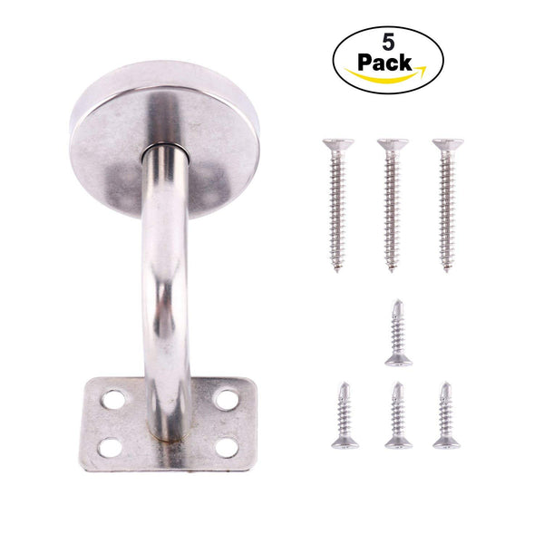 Homend Stainless Steel Wall Mount Stair Handrail Brackets w/Base Flange Cover for Wood or Metal Flat Surface Square Top Railing, Satin Finish, 5-Pack