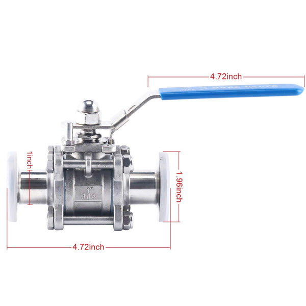 Homend Stainless Steel 304 1" Sanitary Ball Valve Fits 1.5" Tri-Clamp Clover, PTFE Lined, Two Way & Three Piece (1 inch Tube OD Quick Clamp)