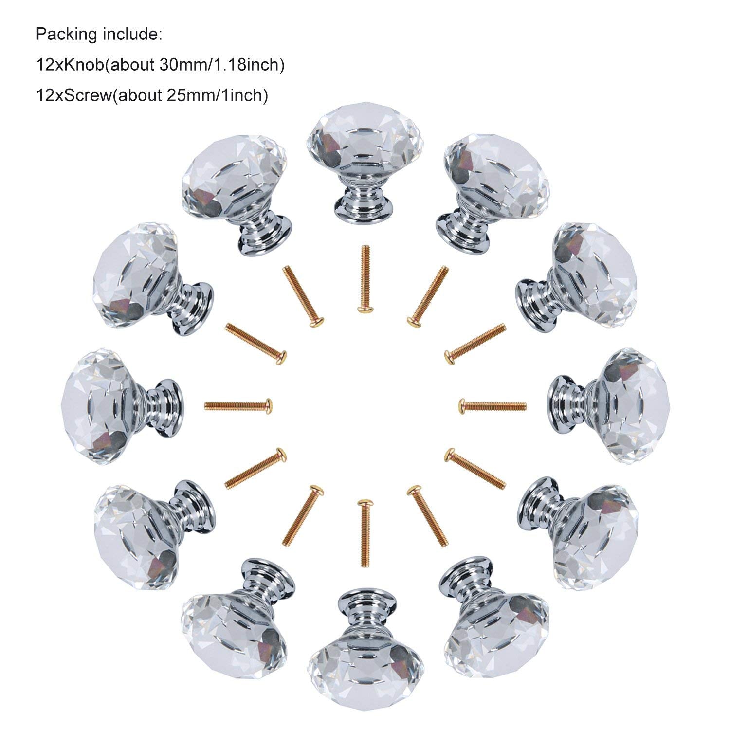 Homend Dresser Crystal Knobs/12 PCS 30MM Crystal Clear Glass Cabinet Dresser Knobs Diamond Shape Drawer Door Chrome Glass Cabinet Knobs Pull Handles for Home Office DIY (Clear)
