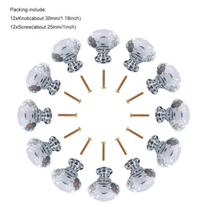 Homend Dresser Crystal Knobs/12 PCS 30MM Crystal Clear Glass Cabinet Dresser Knobs Diamond Shape Drawer Door Chrome Glass Cabinet Knobs Pull Handles for Home Office DIY (Clear)