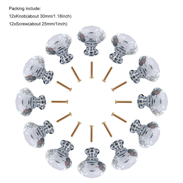Homend Dresser Crystal Knobs/12 PCS 30MM Crystal Clear Glass Cabinet Dresser Knobs Diamond Shape Drawer Door Chrome Glass Cabinet Knobs Pull Handles for Home Office DIY (Clear)