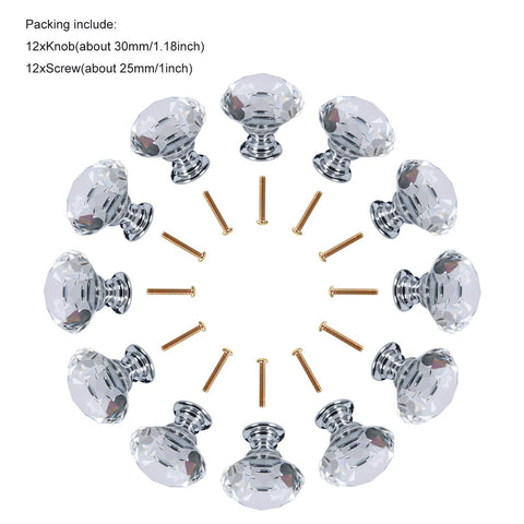 Homend Dresser Crystal Knobs/12 PCS 30MM Crystal Clear Glass Cabinet Dresser Knobs Diamond Shape Drawer Door Chrome Glass Cabinet Knobs Pull Handles for Home Office DIY (Clear)