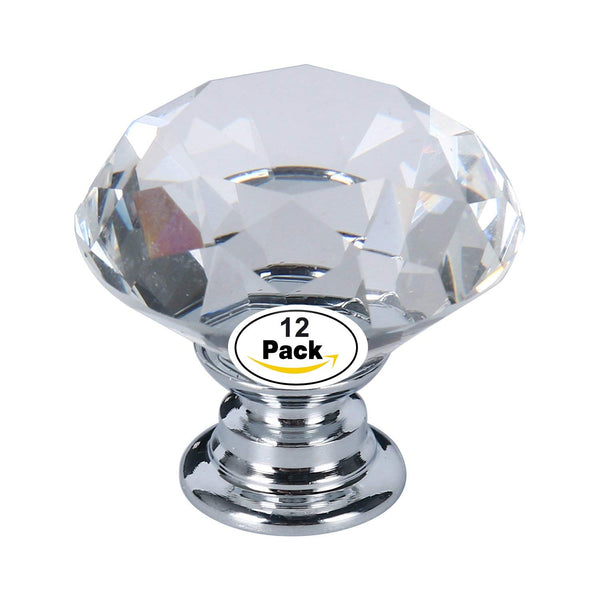 Homend Dresser Crystal Knobs/12 PCS 30MM Crystal Clear Glass Cabinet Dresser Knobs Diamond Shape Drawer Door Chrome Glass Cabinet Knobs Pull Handles for Home Office DIY (Clear)