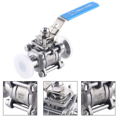 Homend Stainless Steel 304 1" Sanitary Ball Valve Fits 1.5" Tri-Clamp Clover, PTFE Lined, Two Way & Three Piece (1 inch Tube OD Quick Clamp)
