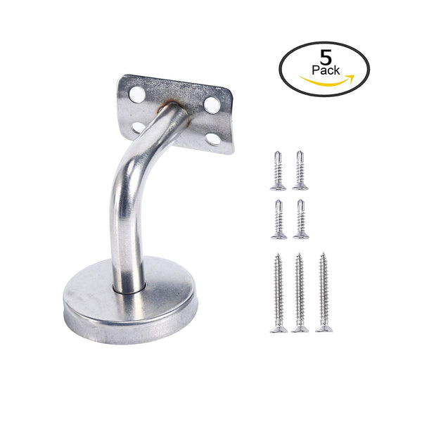 Homend Stainless Steel Wall Mount Stair Handrail Brackets w/Base Flange Cover for Wood or Metal Flat Surface Square Top Railing, Satin Finish, 5-Pack